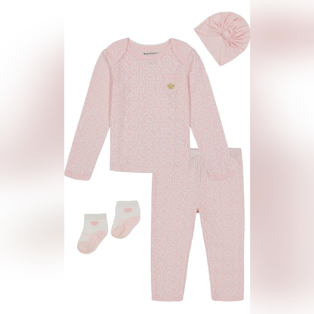 Baby Girls 4 Piece Pink Monogram Juicy Couture Pajama Set Size 18 Months NEW